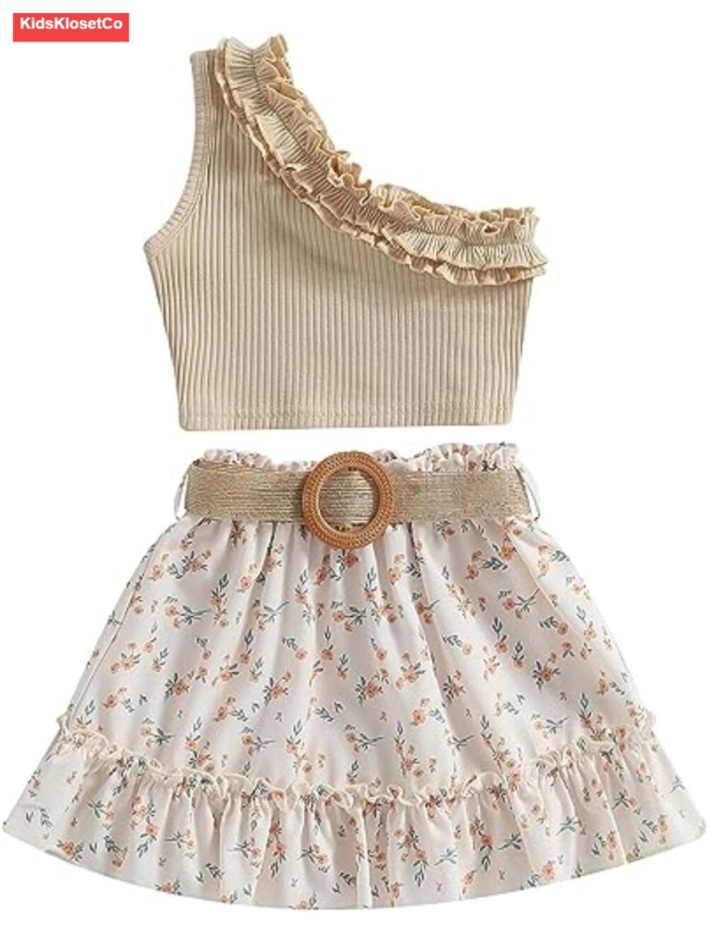 Floral Ruffle Off Shoulder Crop Top & Denim Shorts Skirt Set for Toddler Girls